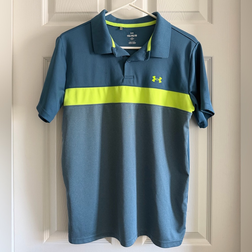 Under Armour Boys Teal Polo with Neon Yellow Chest Stripe XL